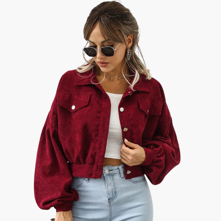 Linda - Übergroße, verkürzte Cordjacke mit Ballonärmeln