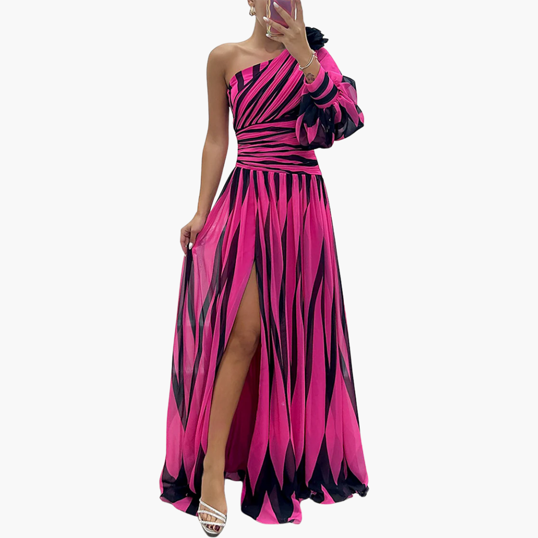 Susan - Ein-Schulter - Druck Puffärmel Maxi Kleid mit Schlitz