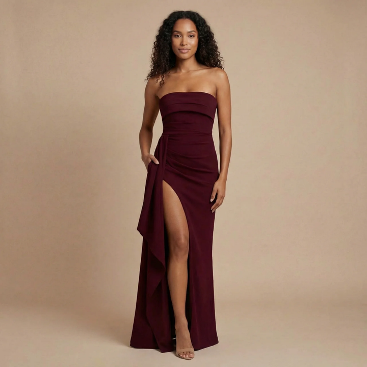 Amy - Strapless Rüschengeschnittenes Bodycon-Maxikleid mit Hohem Schlitz