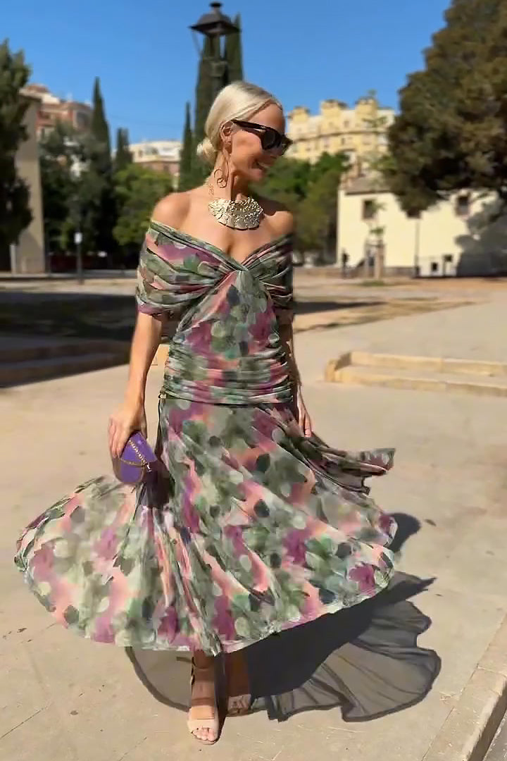 Damen Cocktail Off-Shoulder Floral Maxi Kleid