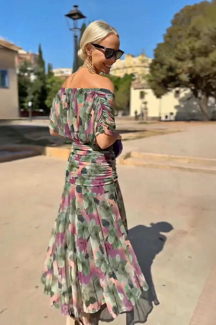 Damen Cocktail Off-Shoulder Floral Maxi Kleid