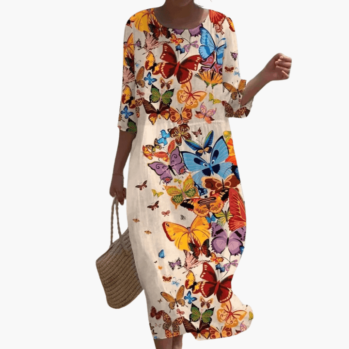 Mary - Rose Print 3/4-Ärmel Lockeres Midi-Kleid