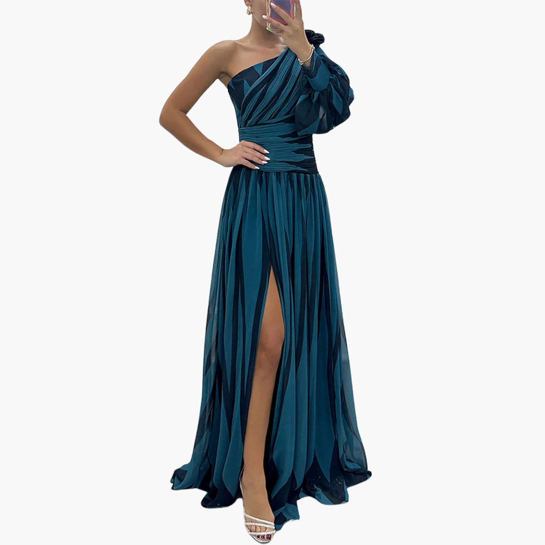 Susan - Ein-Schulter - Druck Puffärmel Maxi Kleid mit Schlitz
