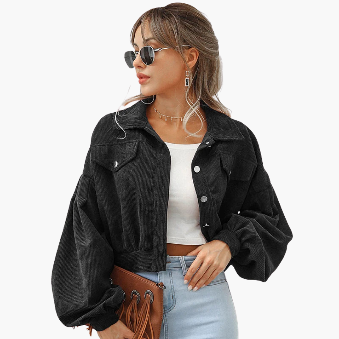 Linda - Übergroße, verkürzte Cordjacke mit Ballonärmeln