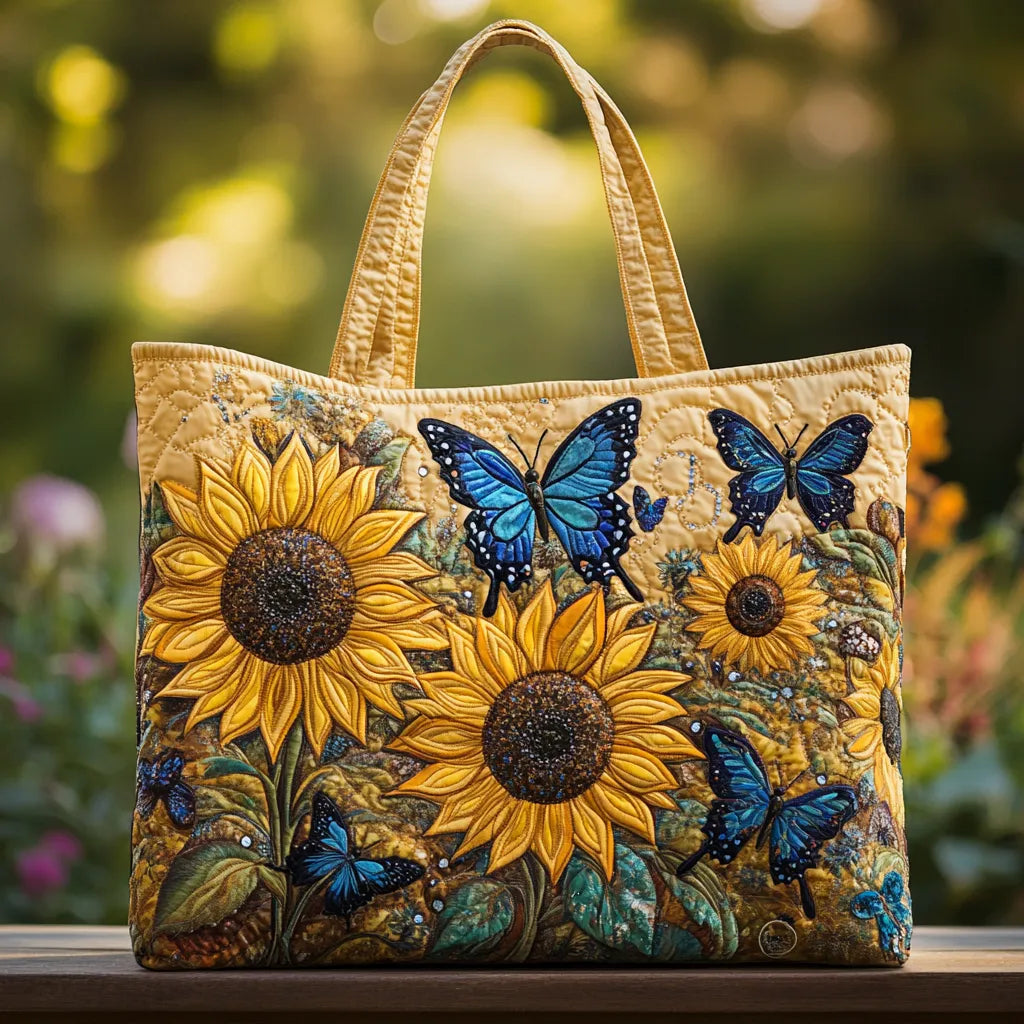 Gesteppte Tote Bag mit Motiv Sonnenblumen und blaue Schmetterlinge von Maria Zürich