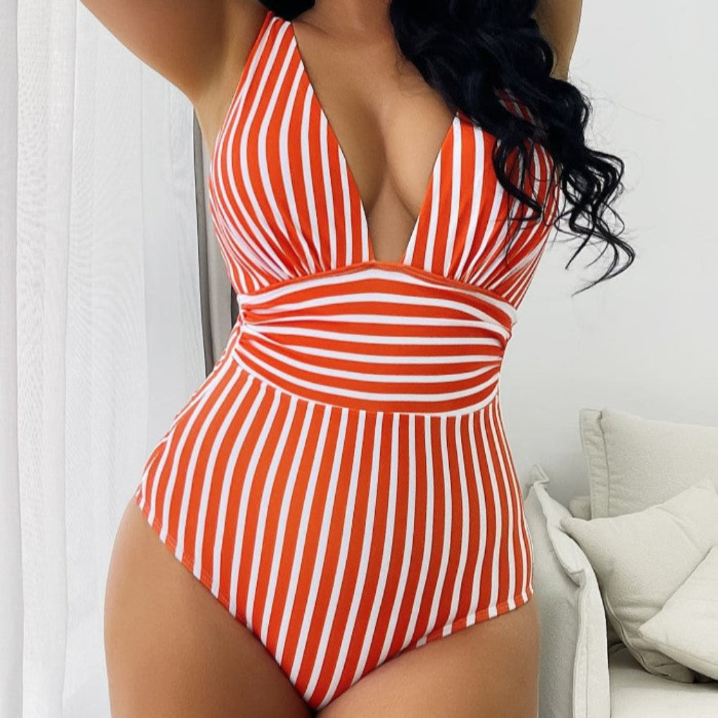 Halter Neck Gestreifter Einteiler Badeanzug für Frauen