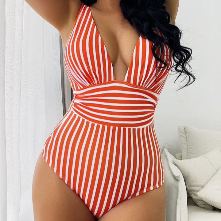 Halter Neck Gestreifter Einteiler Badeanzug für Frauen