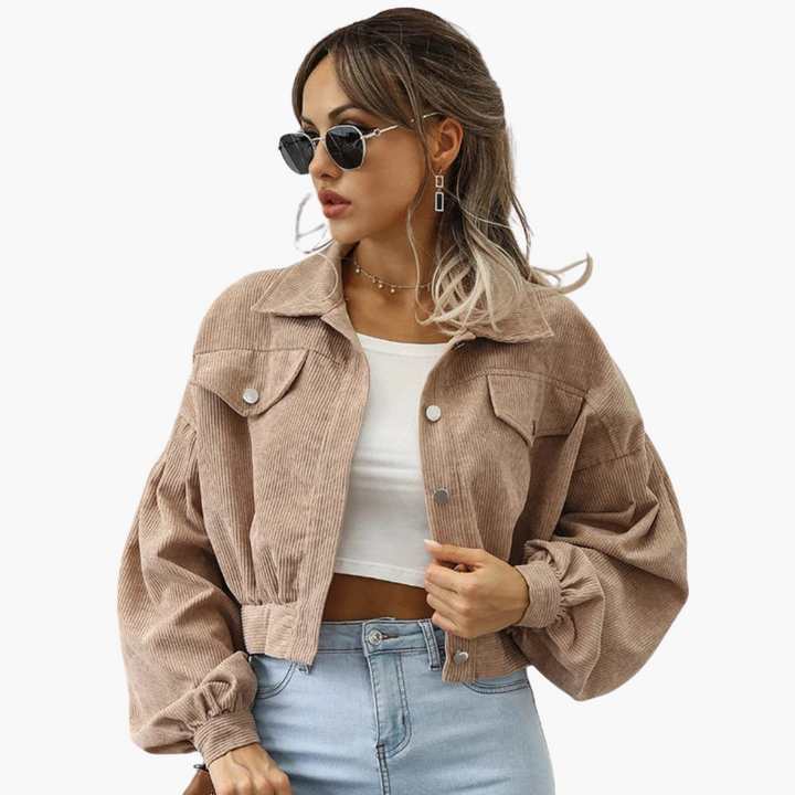 Linda - Übergroße, verkürzte Cordjacke mit Ballonärmeln
