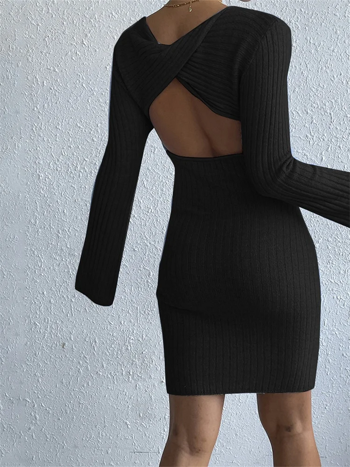 Damen Geripptes Strickkleid mit Glockenärmeln