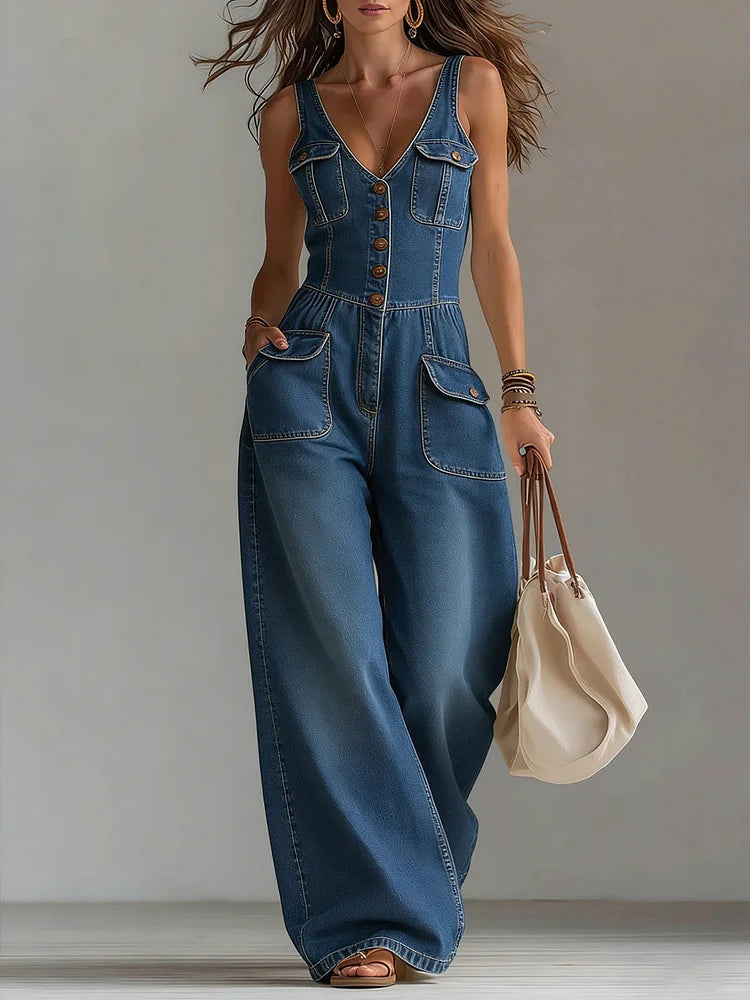 Sofia Lockerer Denim-Jumpsuit von Maria Zürich — Vorderansicht