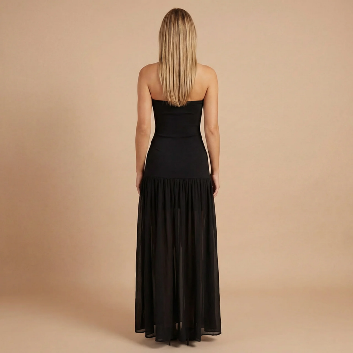 Sharon - Trägerloses Maxikleid mit tiefem Taillenbund und Raffung