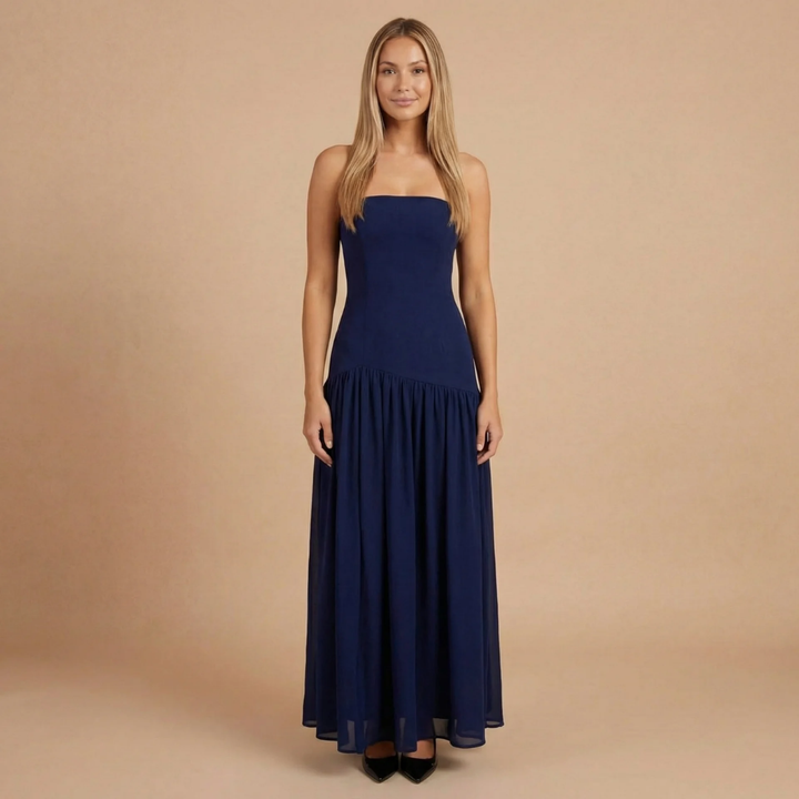 Sharon - Trägerloses Maxikleid mit tiefem Taillenbund und Raffung