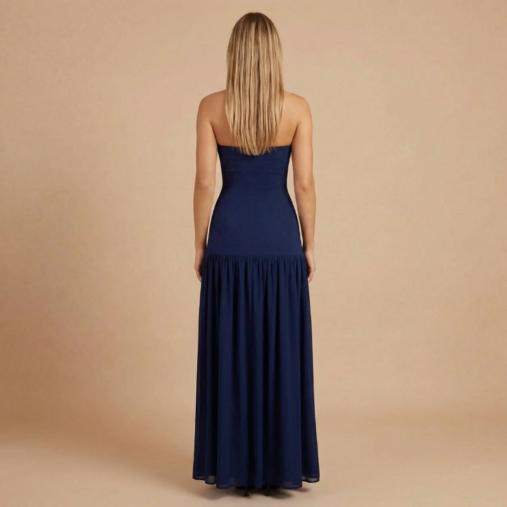 Sharon - Trägerloses Maxikleid mit tiefem Taillenbund und Raffung