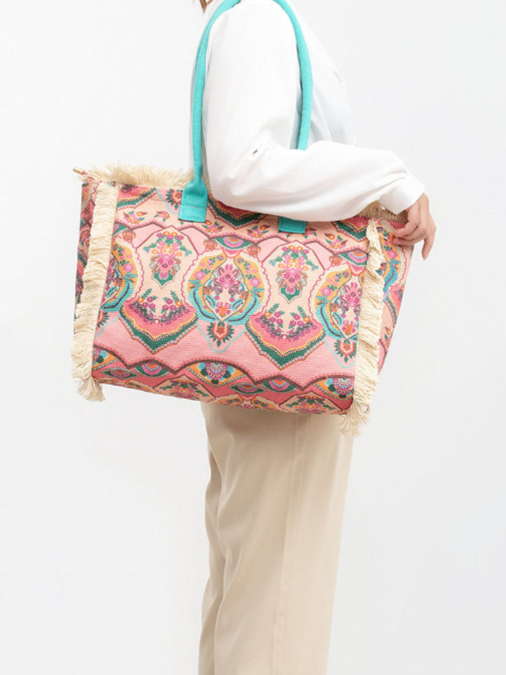 Große Shopper mit Fransen und Bunter Bohemian Druck | Sommer