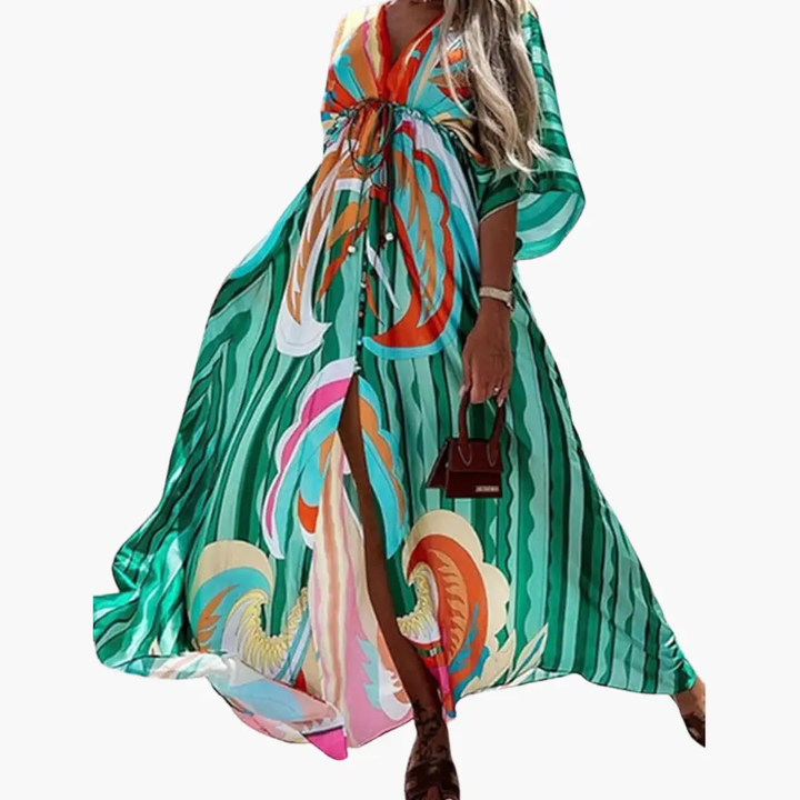 Farbiger Sommerkleid - Damen Maxikleid mit Blumenmuster