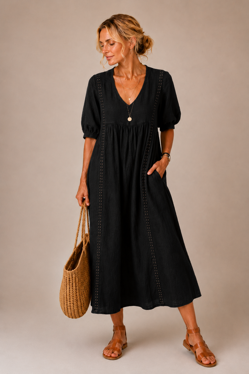 Elena - Luftige Leinen Midi Kleid