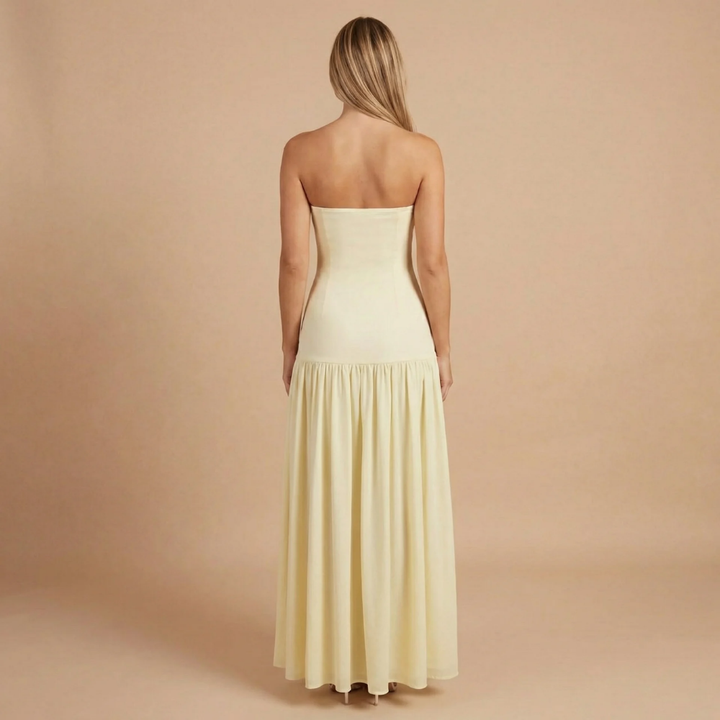 Sharon - Trägerloses Maxikleid mit tiefem Taillenbund und Raffung