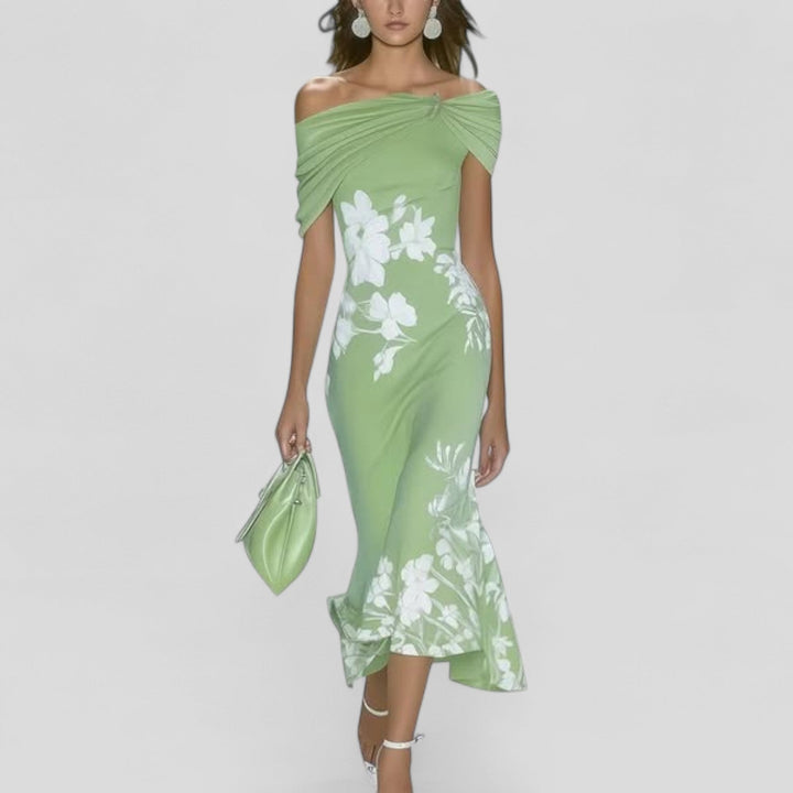 ISABRUNEL - Off-Shoulder Blumen-Midi-Kleid mit Rüschensaum