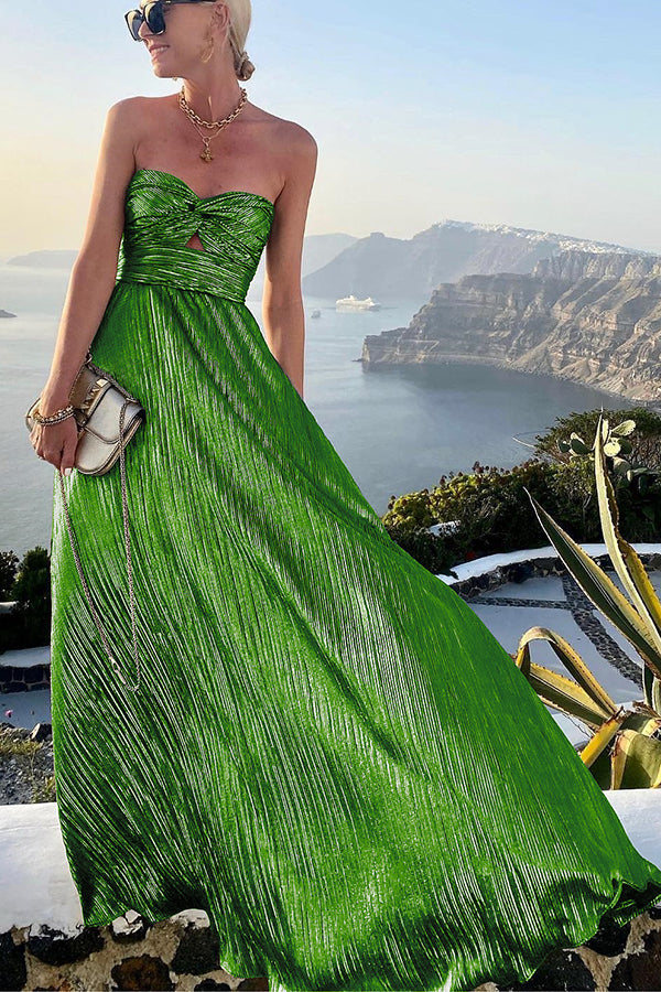 Damenformales trägerloses plissiertes metallisches Maxikleid