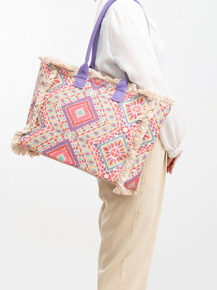 Große Shopper mit Fransen und Bunter Bohemian Druck | Sommer