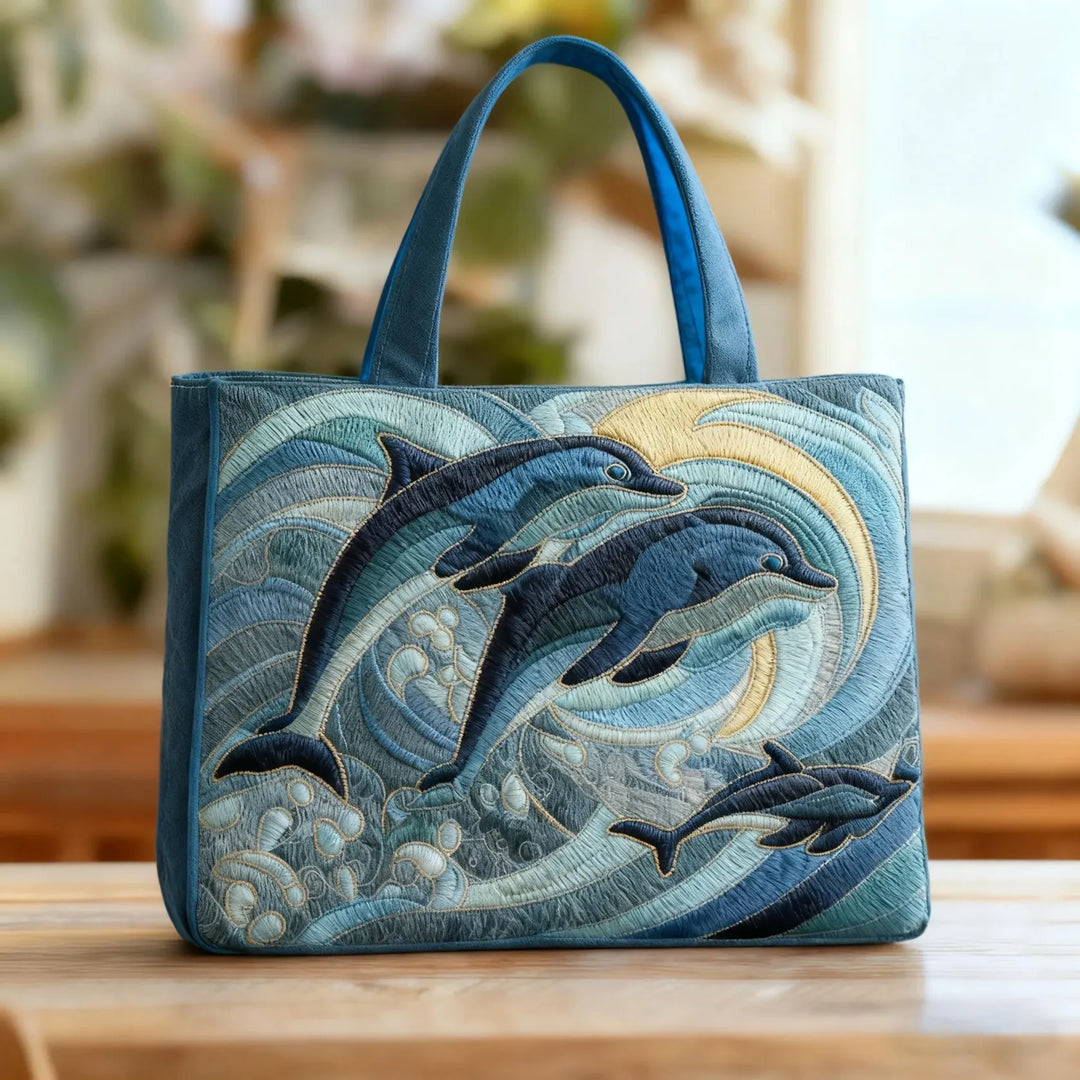 Gesteppte Tote Bag mit Motiv Delfin im Ozean von Maria Zürich
