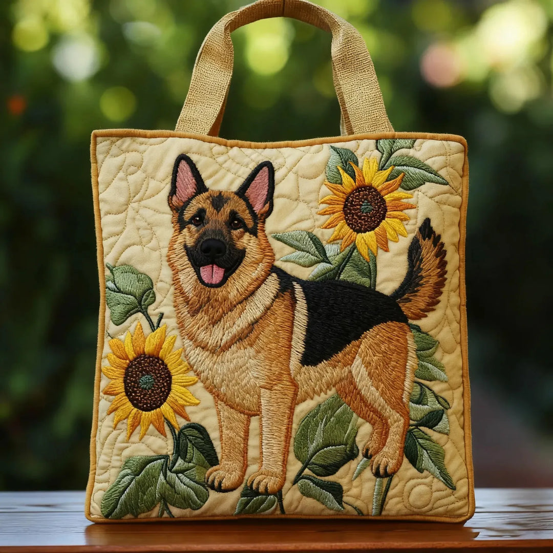 Gesteppte Tote Bag mit Motiv Schäferhund mit Blumen von Maria Zürich