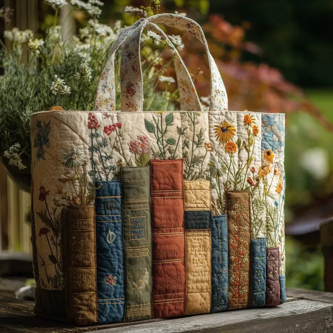 Gesteppte Tote Bag mit Motiv Bücher und Blumen von Maria Zürich