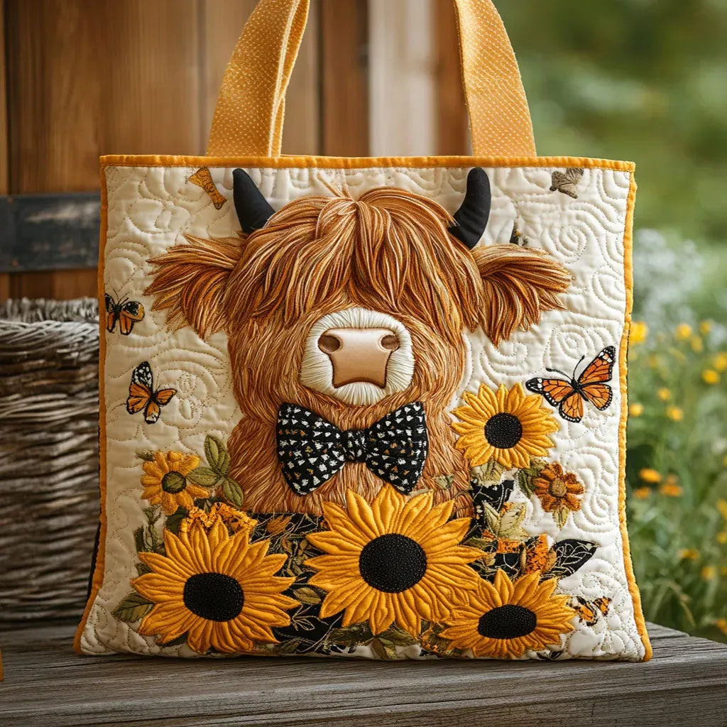 Gesteppte Tote Bag mit Motiv Hochlandrind mit Sonnenblumen von Maria Zürich