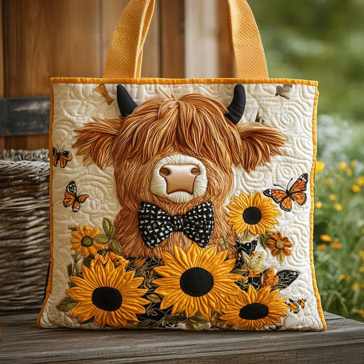 Gesteppte Tote Bag mit Motiv Hochlandrind mit Sonnenblumen von Maria Zürich