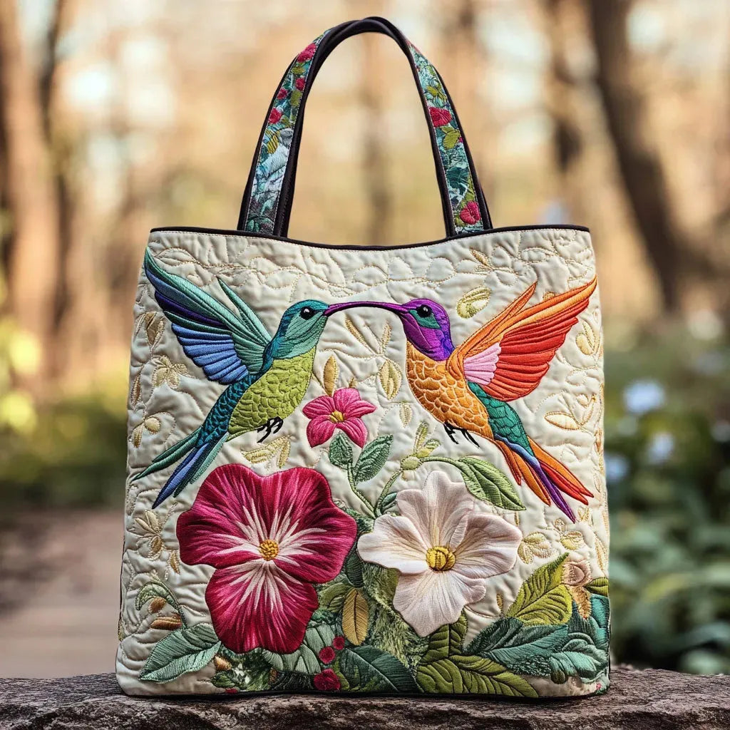 Gesteppte Tote Bag mit Motiv Kolibri und weisse Blüten von Maria Zürich