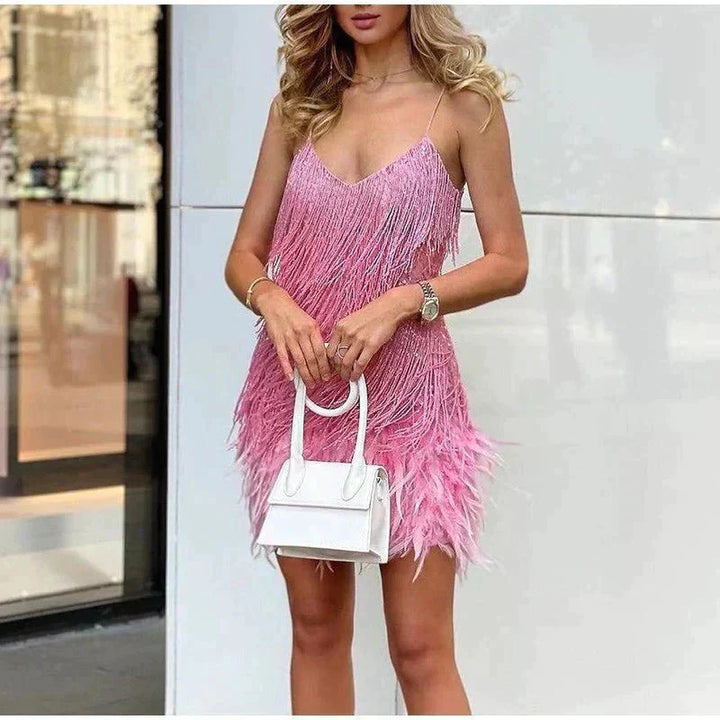 Nicole - Pailletten-Fransen & Feder Saum Spaghetti-Träger Mini Kleid