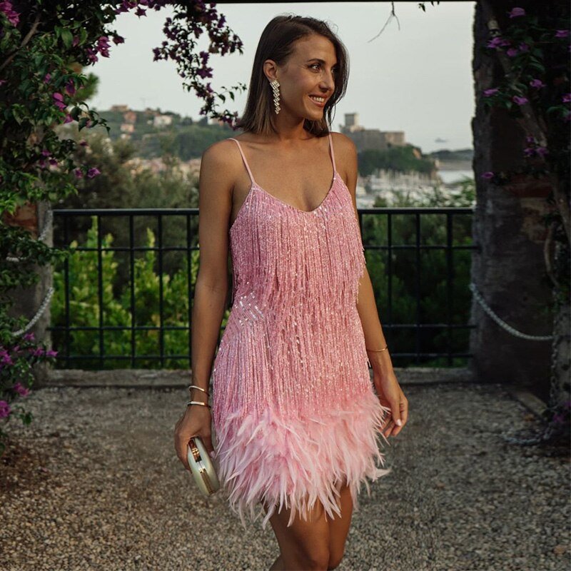 Nicole - Pailletten-Fransen & Feder Saum Spaghetti-Träger Mini Kleid