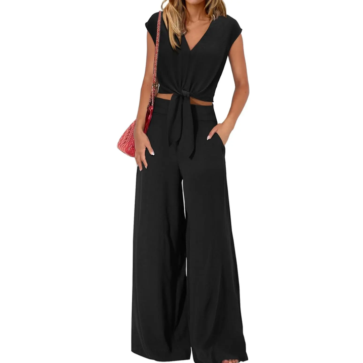 Michelle - V-Ausschnitt Crop Top mit Knoten vorne und weiten Hosen Set
