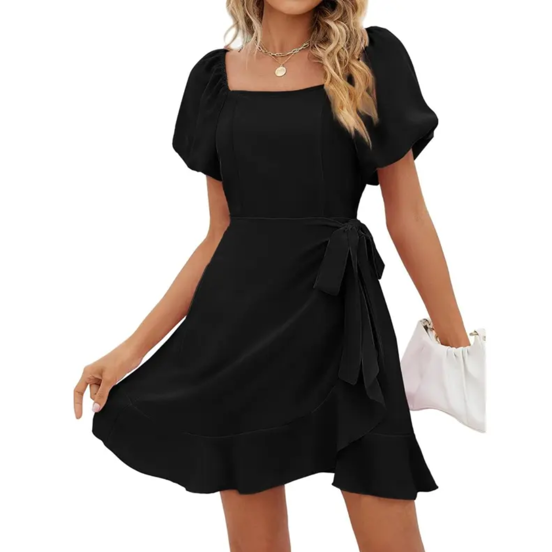Donna - Minikleid mit quadratischem Ausschnitt, Puffärmeln und Gürtel in A-Linie