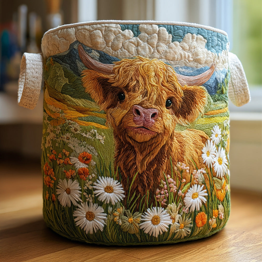 Gesteppter Wäschekorb Blühendes Hochland mit Motiv Hochlandrind mit Blumen von Maria Zürich