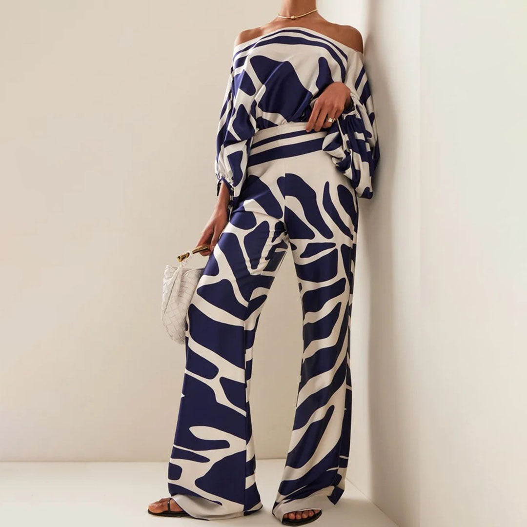 Emma - Wellenmuster Satin Ein-Schulter Top & Weite Hosen Set