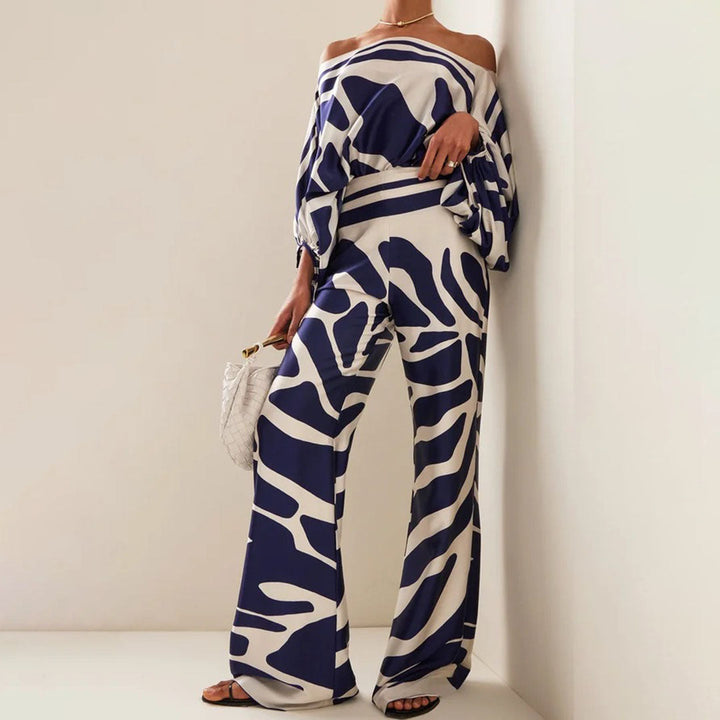 Emma - Wellenmuster Satin Ein-Schulter Top & Weite Hosen Set