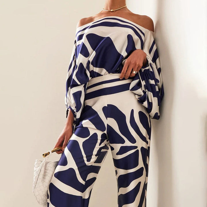 Emma - Wellenmuster Satin Ein-Schulter Top & Weite Hosen Set