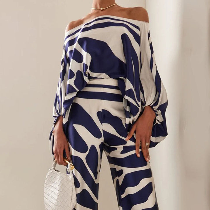 Emma - Wellenmuster Satin Ein-Schulter Top & Weite Hosen Set