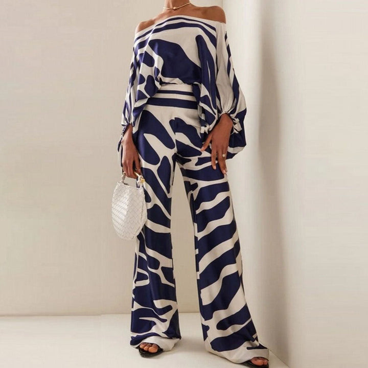 Emma - Wellenmuster Satin Ein-Schulter Top & Weite Hosen Set