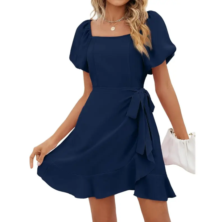 Donna - Minikleid mit quadratischem Ausschnitt, Puffärmeln und Gürtel in A-Linie