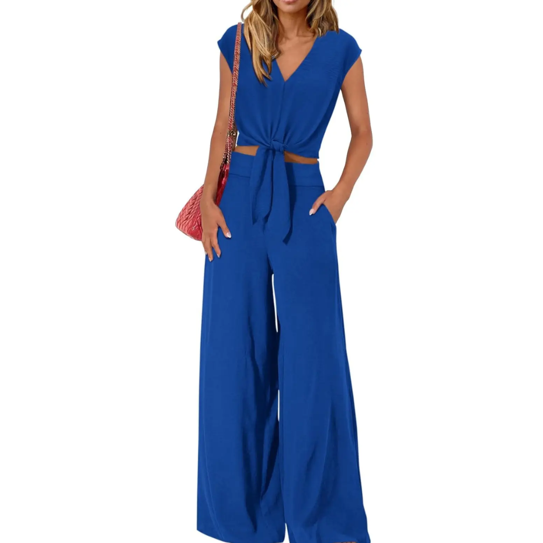 Michelle - V-Ausschnitt Crop Top mit Knoten vorne und weiten Hosen Set