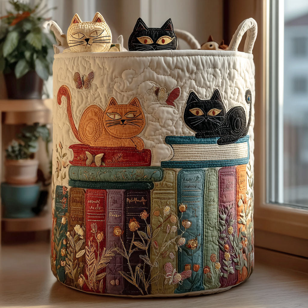 Gesteppter Wäschekorb Katzenparade mit Motiv schwarze Katzen mit Büchern von Maria Zürich