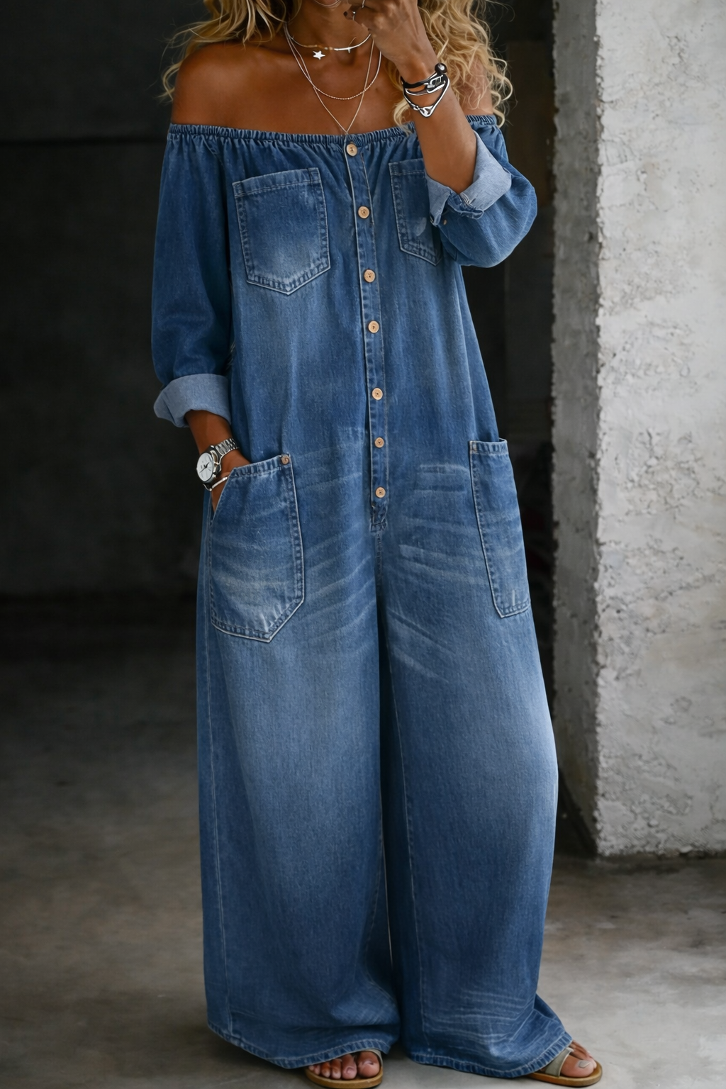 Elena Jumpsuit mit Carmen-Ausschnitt und langen Ärmeln von Maria Zürich — Vorderansicht