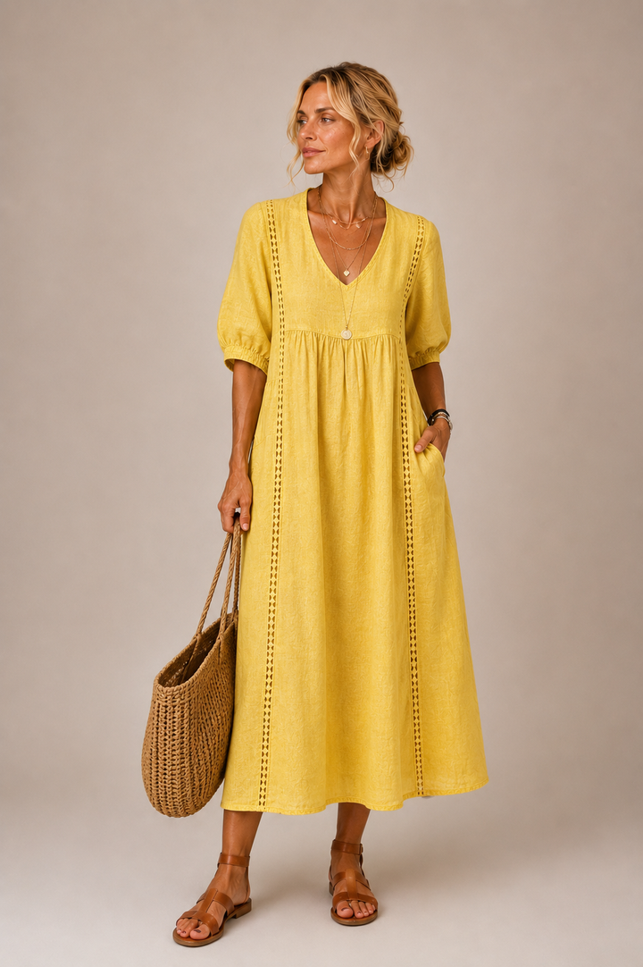 Elena - Luftige Leinen Midi Kleid