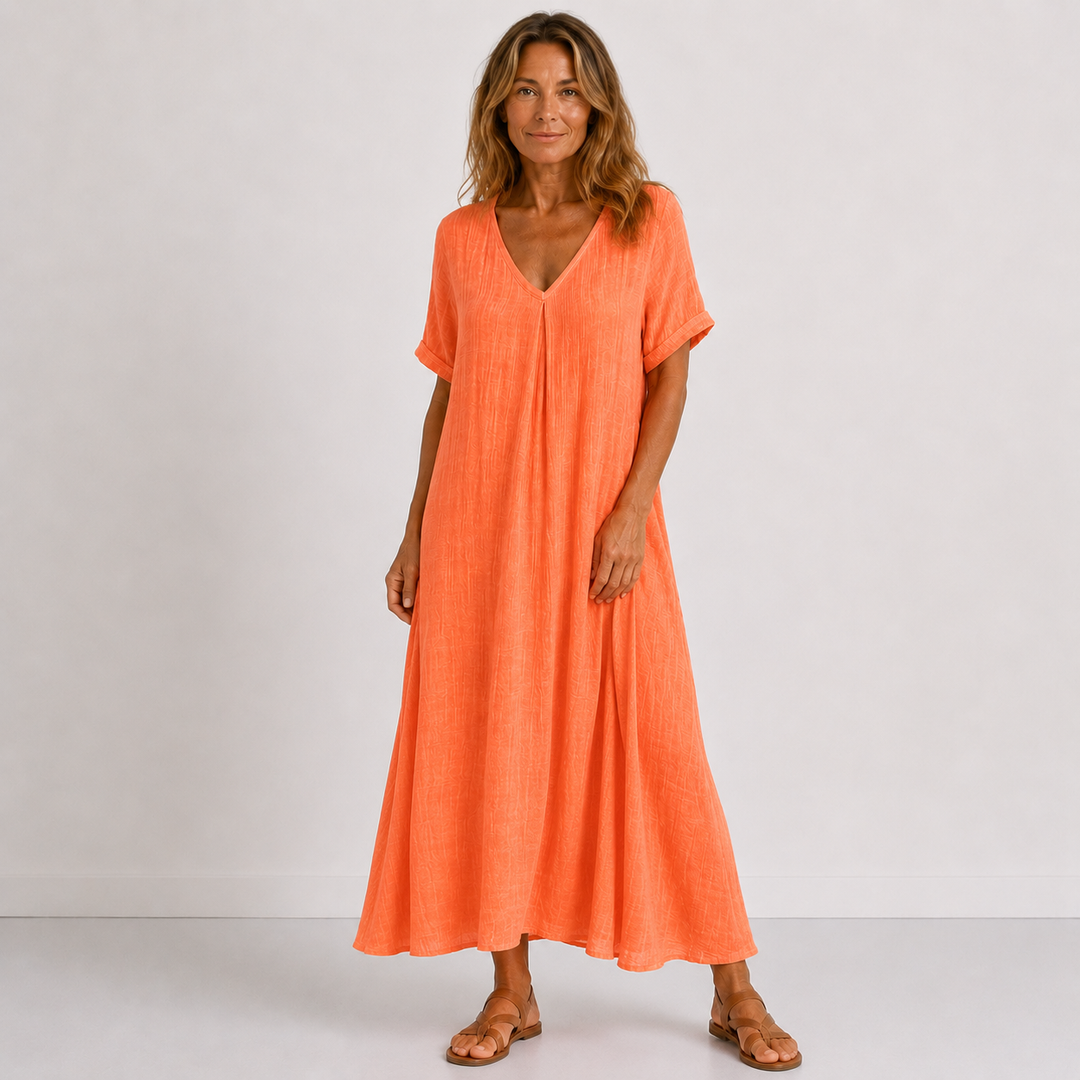 Violette fliessendes Leinen-Maxikleid für Damen – Ganzansicht