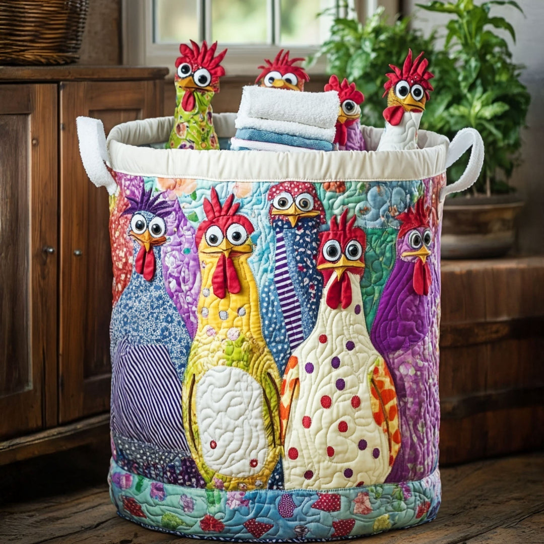 Gesteppter Wäschekorb Hühner-Couture mit Motiv Hühner mit Blumen von Maria Zürich