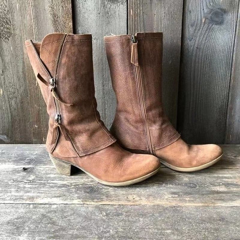 Cowgirl-Stiefel - Cowboy-Stiefel mit Mid-Calf-Verschluss und mittelhohem Absatz für Frauen