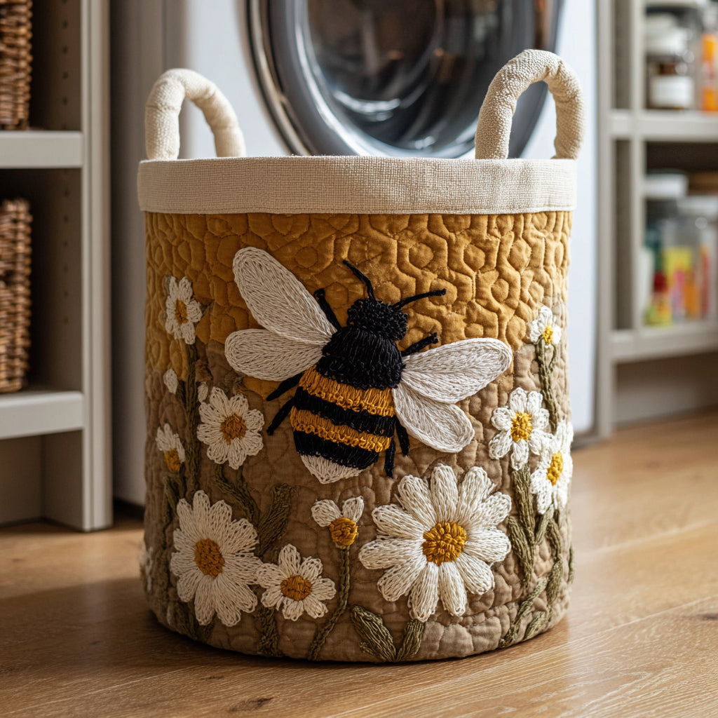 Gesteppter Wäschekorb Gänseblümchen & Biene mit Motiv Gänseblümchen und Bienen von Maria Zürich