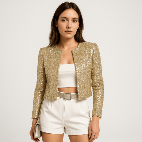 Abigail - Damen Kurzblazer mit Pailletten und Rundhalsausschnitt